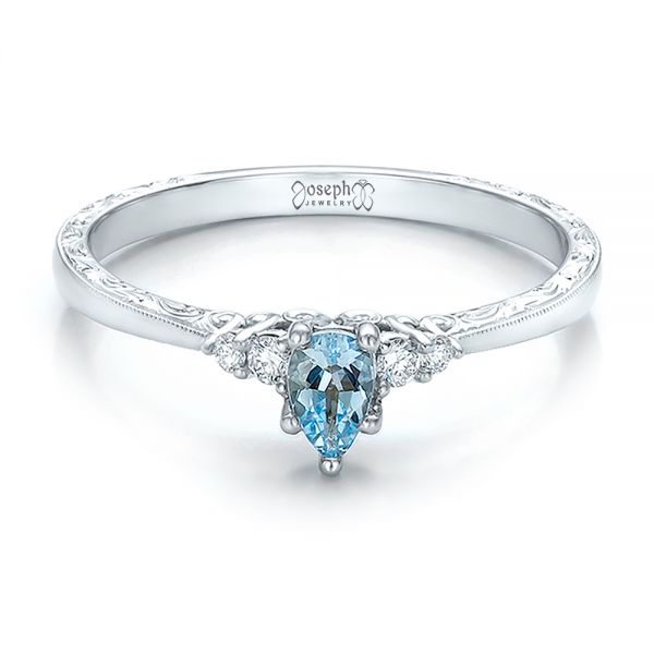  Platinum Platinum Custom Hand Engraved Aquamarine And Diamond Engagement Ring - Flat View -  100628