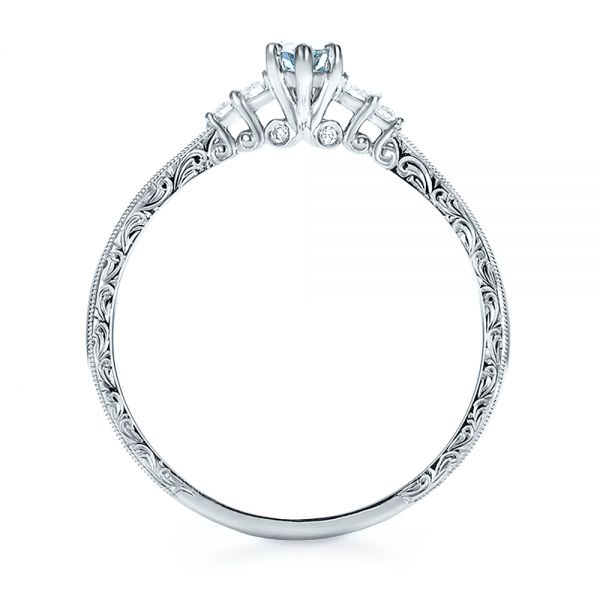 14k White Gold Custom Hand Engraved Aquamarine And Diamond Engagement Ring - Front View -  100628