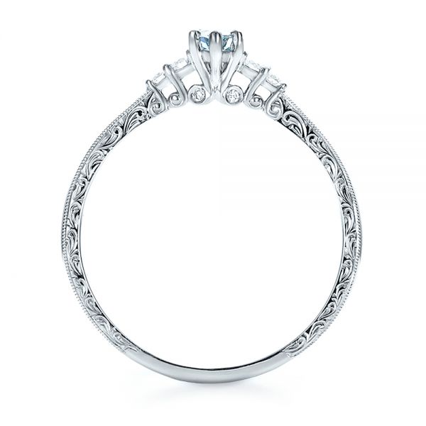 14k White Gold Custom Hand Engraved Aquamarine And Diamond Engagement Ring - Front View - 100628