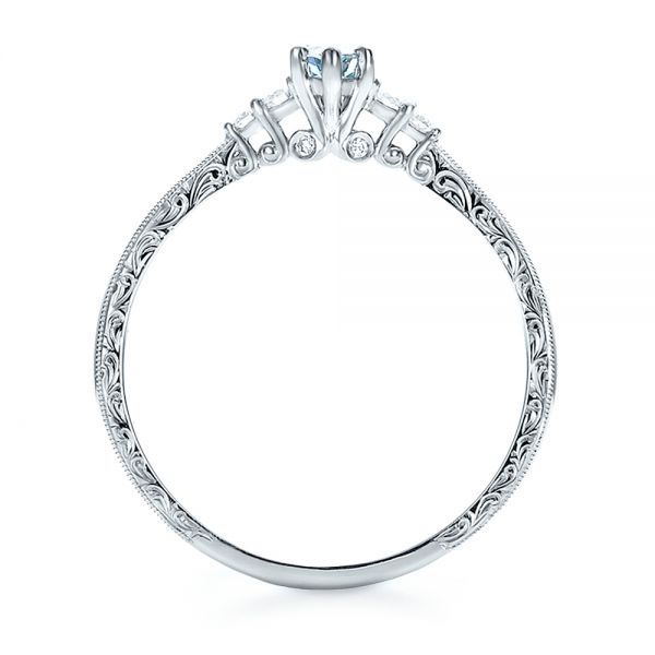  Platinum Platinum Custom Hand Engraved Aquamarine And Diamond Engagement Ring - Front View -  100628