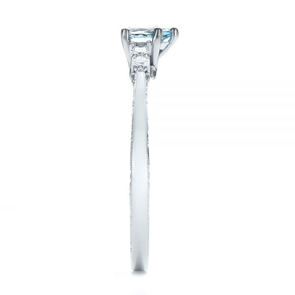 14k White Gold Custom Hand Engraved Aquamarine And Diamond Engagement Ring - Side View - 100628
