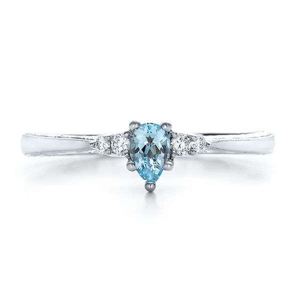 14k White Gold Custom Hand Engraved Aquamarine And Diamond Engagement Ring - Top View - 100628