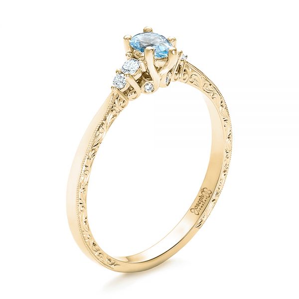 18k Yellow Gold 18k Yellow Gold Custom Hand Engraved Aquamarine And Diamond Engagement Ring - Three-Quarter View - 100628