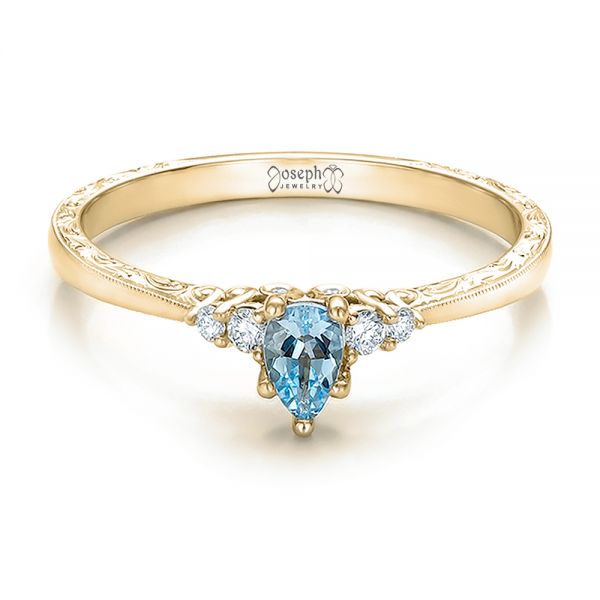 18k Yellow Gold 18k Yellow Gold Custom Hand Engraved Aquamarine And Diamond Engagement Ring - Flat View - 100628