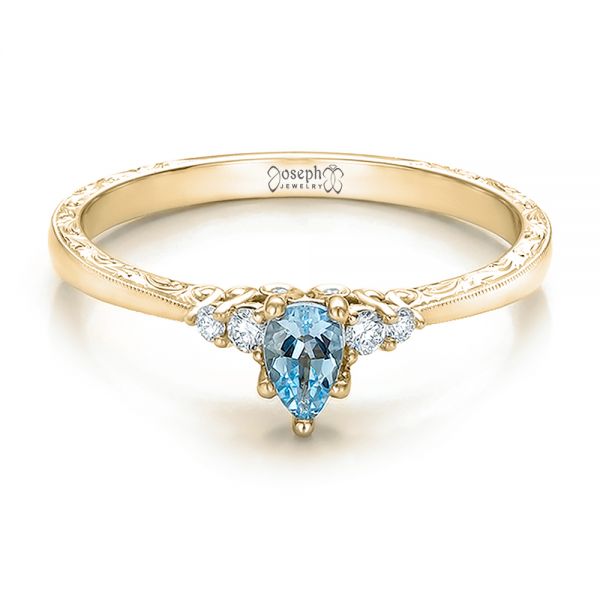 14k Yellow Gold 14k Yellow Gold Custom Hand Engraved Aquamarine And Diamond Engagement Ring - Flat View -  100628