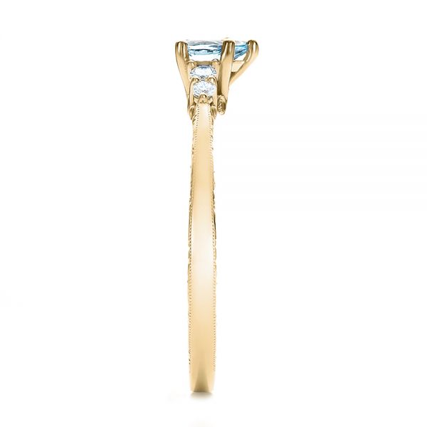 18k Yellow Gold 18k Yellow Gold Custom Hand Engraved Aquamarine And Diamond Engagement Ring - Side View -  100628