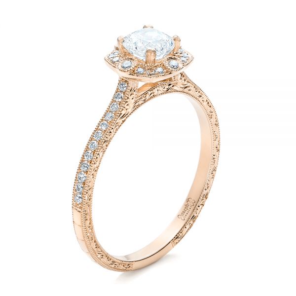18k Rose Gold 18k Rose Gold Custom Hand Engraved Diamond Engagement Ring - Three-Quarter View -  102082