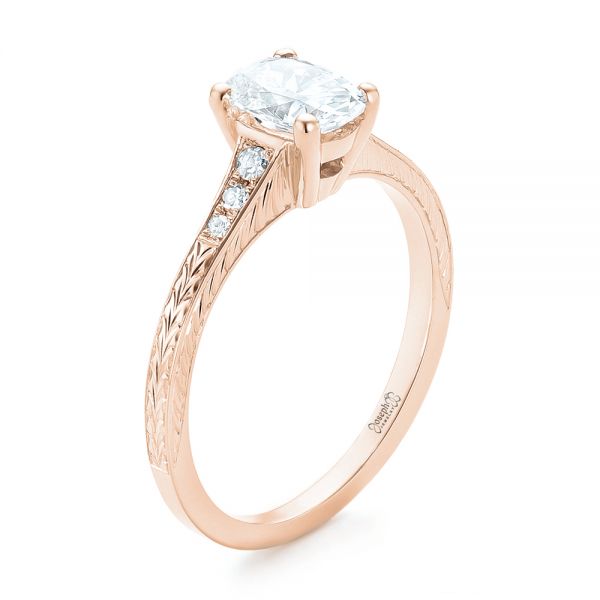 14k Rose Gold 14k Rose Gold Custom Hand Engraved Diamond Engagement Ring - Three-Quarter View -  102979