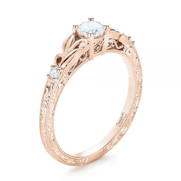 14k Rose Gold 14k Rose Gold Custom Hand Engraved Diamond Engagement Ring - Three-Quarter View -  103242