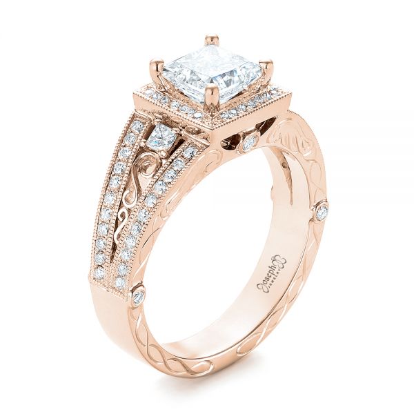 14k Rose Gold 14k Rose Gold Custom Hand Engraved Diamond Engagement Ring - Three-Quarter View - 103473