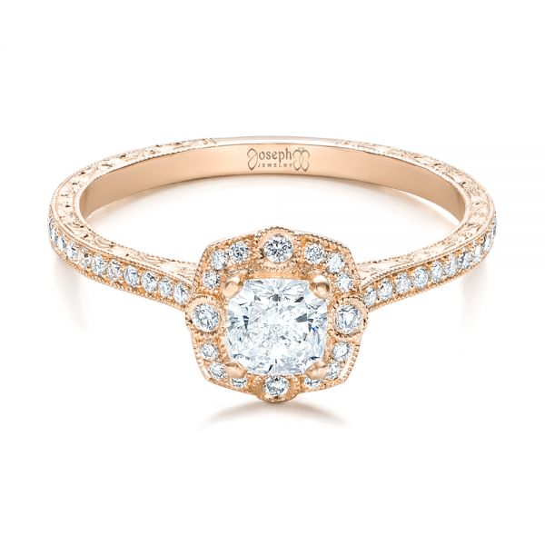18k Rose Gold 18k Rose Gold Custom Hand Engraved Diamond Engagement Ring - Flat View - 102082