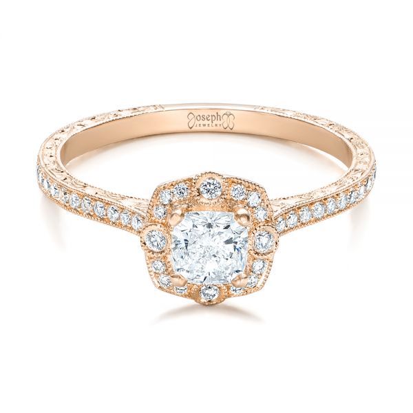 18k Rose Gold 18k Rose Gold Custom Hand Engraved Diamond Engagement Ring - Flat View -  102082