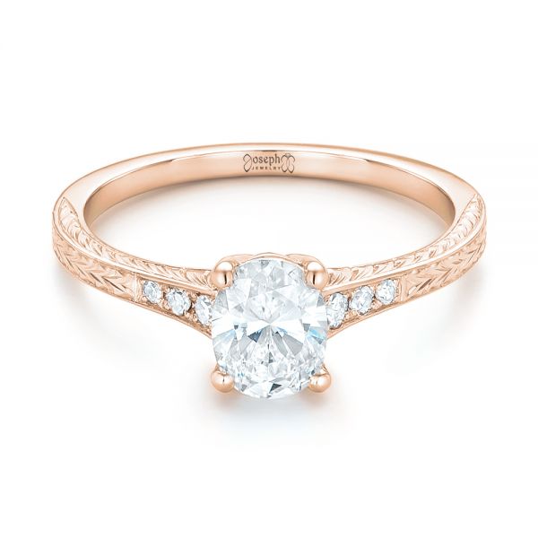 14k Rose Gold 14k Rose Gold Custom Hand Engraved Diamond Engagement Ring - Flat View -  102979