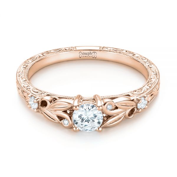 18k Rose Gold 18k Rose Gold Custom Hand Engraved Diamond Engagement Ring - Flat View -  103242