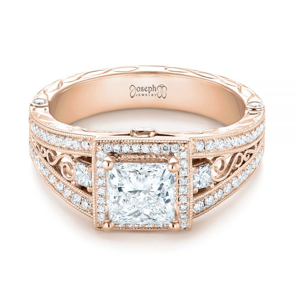 18k Rose Gold 18k Rose Gold Custom Hand Engraved Diamond Engagement Ring - Flat View -  103473