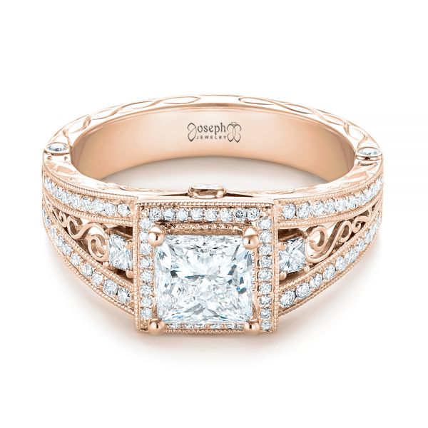 14k Rose Gold 14k Rose Gold Custom Hand Engraved Diamond Engagement Ring - Flat View - 103473