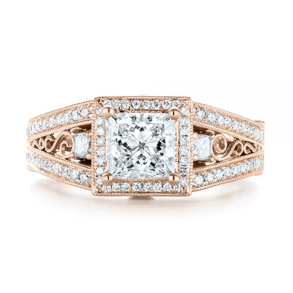 14k Rose Gold 14k Rose Gold Custom Hand Engraved Diamond Engagement Ring - Top View -  103473