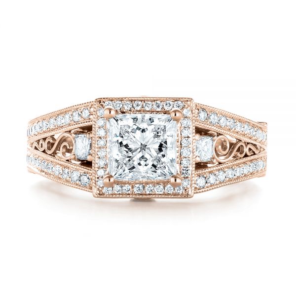 14k Rose Gold 14k Rose Gold Custom Hand Engraved Diamond Engagement Ring - Top View - 103473