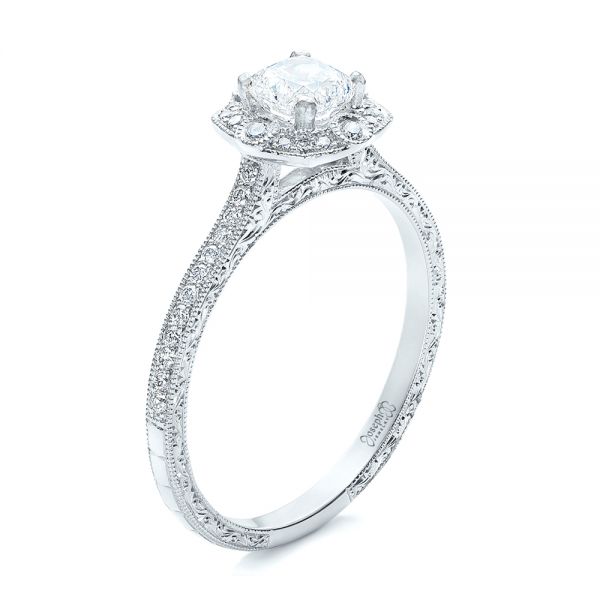 14k White Gold 14k White Gold Custom Hand Engraved Diamond Engagement Ring - Three-Quarter View -  102082