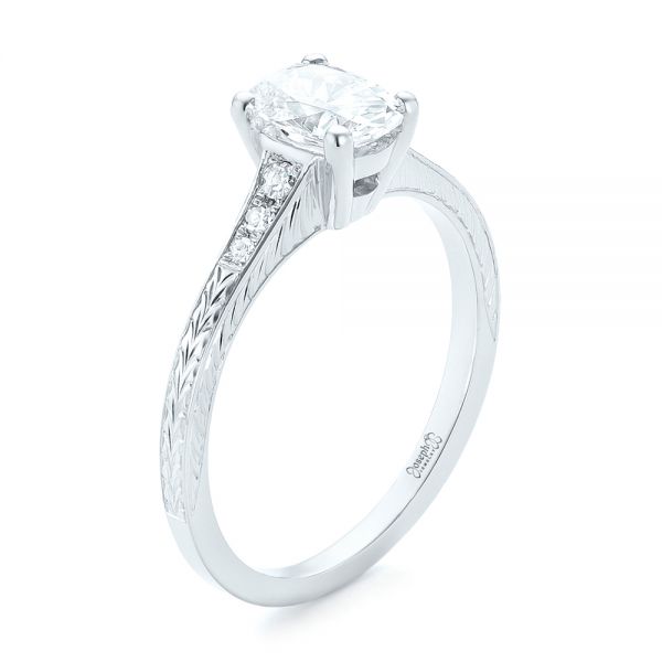 18k White Gold 18k White Gold Custom Hand Engraved Diamond Engagement Ring - Three-Quarter View -  102979
