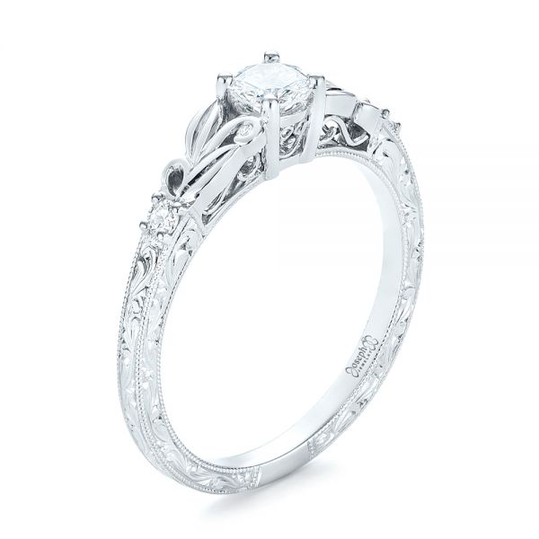 14k White Gold Custom Hand Engraved Diamond Engagement Ring - Three-Quarter View -  103242