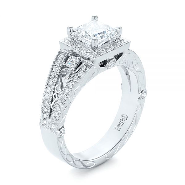 14k White Gold Custom Hand Engraved Diamond Engagement Ring - Three-Quarter View -  103473
