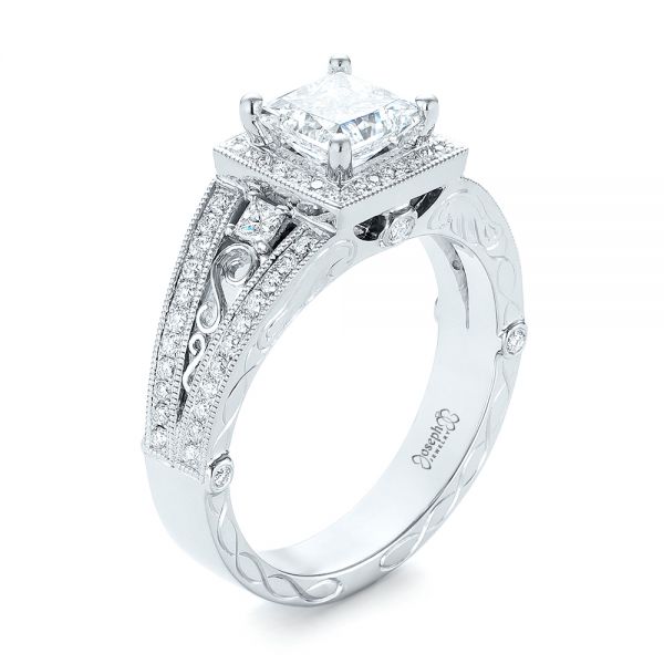 18k White Gold 18k White Gold Custom Hand Engraved Diamond Engagement Ring - Three-Quarter View -  103473