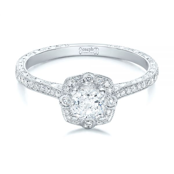 14k White Gold 14k White Gold Custom Hand Engraved Diamond Engagement Ring - Flat View -  102082