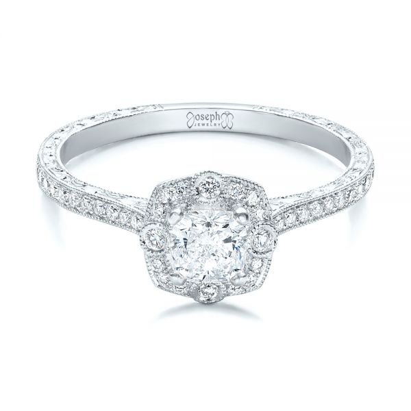 14k White Gold 14k White Gold Custom Hand Engraved Diamond Engagement Ring - Flat View - 102082