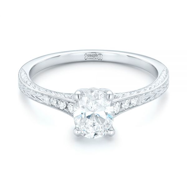  Platinum Custom Hand Engraved Diamond Engagement Ring - Flat View -  102979