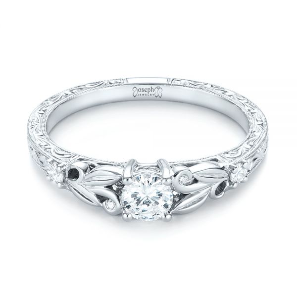 14k White Gold Custom Hand Engraved Diamond Engagement Ring - Flat View - 103242