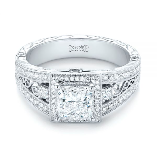 14k White Gold Custom Hand Engraved Diamond Engagement Ring - Flat View -  103473