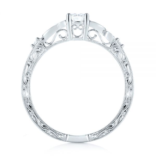 14k White Gold Custom Hand Engraved Diamond Engagement Ring - Front View -  103242