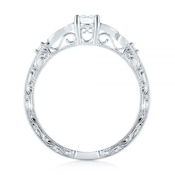 14k White Gold Custom Hand Engraved Diamond Engagement Ring - Front View - 103242