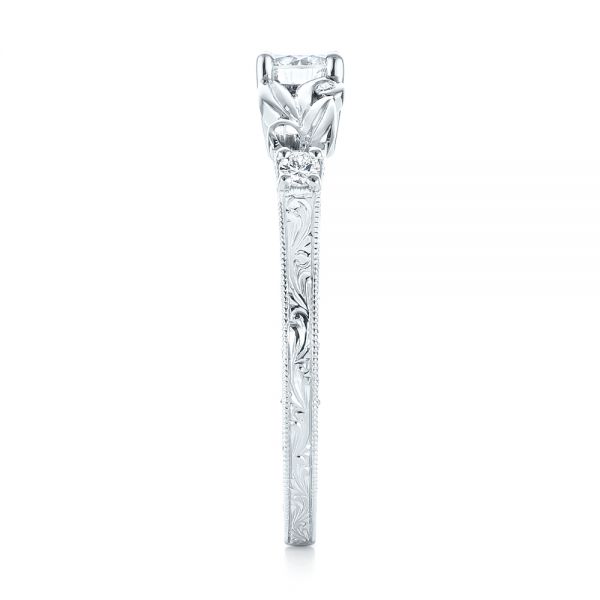14k White Gold Custom Hand Engraved Diamond Engagement Ring - Side View -  103242