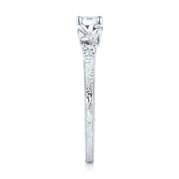 14k White Gold Custom Hand Engraved Diamond Engagement Ring - Side View - 103242