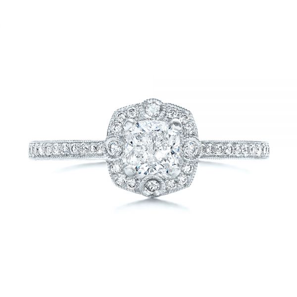 14k White Gold 14k White Gold Custom Hand Engraved Diamond Engagement Ring - Top View -  102082