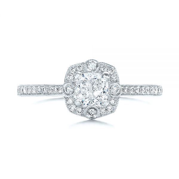 14k White Gold 14k White Gold Custom Hand Engraved Diamond Engagement Ring - Top View - 102082