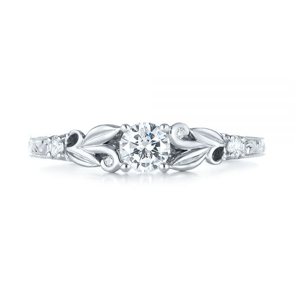 14k White Gold Custom Hand Engraved Diamond Engagement Ring - Top View - 103242