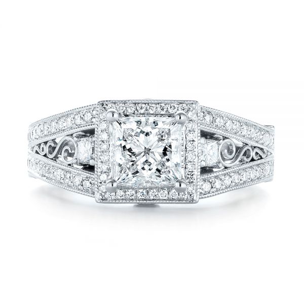 14k White Gold Custom Hand Engraved Diamond Engagement Ring - Top View -  103473