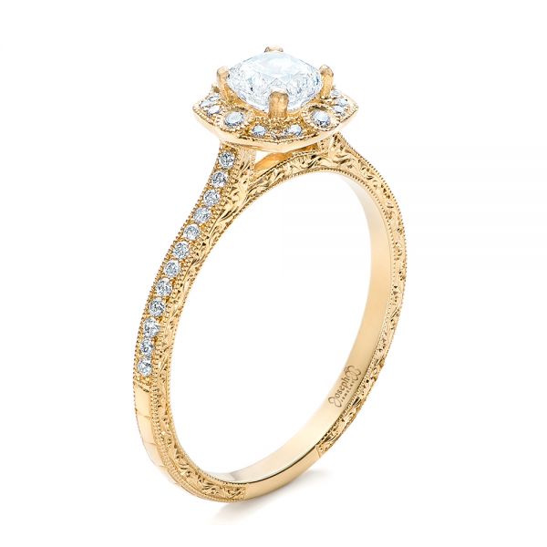14k Yellow Gold Custom Hand Engraved Diamond Engagement Ring - Three-Quarter View -  102082