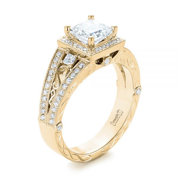 14k Yellow Gold 14k Yellow Gold Custom Hand Engraved Diamond Engagement Ring - Three-Quarter View - 103473