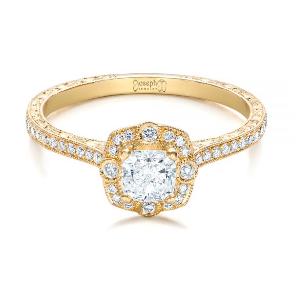 18k Yellow Gold 18k Yellow Gold Custom Hand Engraved Diamond Engagement Ring - Flat View -  102082