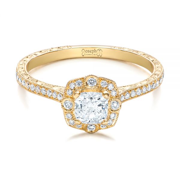 14k Yellow Gold Custom Hand Engraved Diamond Engagement Ring - Flat View - 102082
