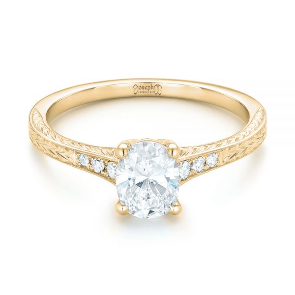 18k Yellow Gold 18k Yellow Gold Custom Hand Engraved Diamond Engagement Ring - Flat View -  102979