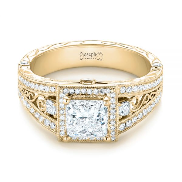14k Yellow Gold 14k Yellow Gold Custom Hand Engraved Diamond Engagement Ring - Flat View -  103473