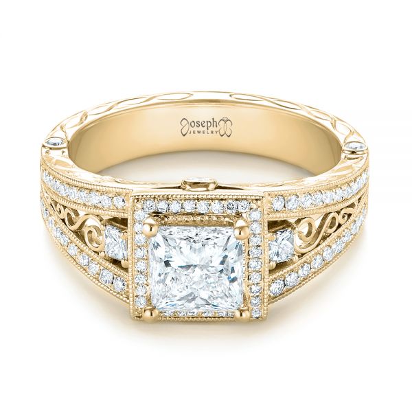 14k Yellow Gold 14k Yellow Gold Custom Hand Engraved Diamond Engagement Ring - Flat View - 103473