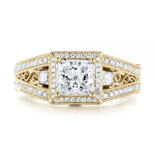 14k Yellow Gold 14k Yellow Gold Custom Hand Engraved Diamond Engagement Ring - Top View - 103473