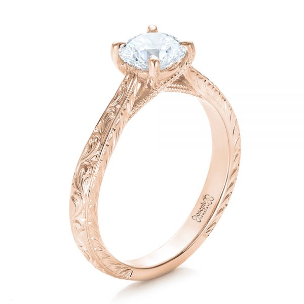 14k Rose Gold 14k Rose Gold Custom Hand Engraved Diamond Solitaire Engagement Ring - Three-Quarter View -  100608