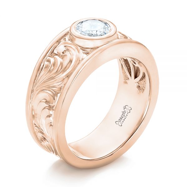 14k Rose Gold 14k Rose Gold Custom Hand Engraved Diamond Solitaire Engagement Ring - Three-Quarter View -  100655